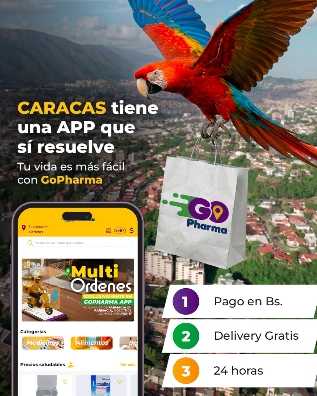 Campaña GoPharma en Caracas mostrando la app con categorías, delivery y pago en bolívares