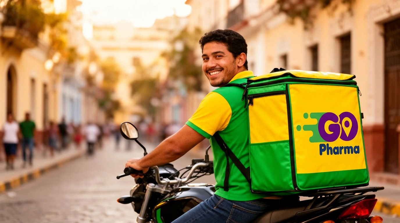 Repartidor de GoPharma entregando medicamentos en moto